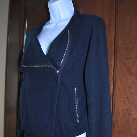 Hi Line Black Cotton Moto Biker Jacket Size Large Asymmetrical Zip - Picture 4 of 16